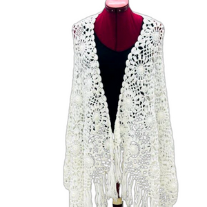 Vintage Handmade Crochet Shawl Wrap With Fringe White Rectangle Granny Square